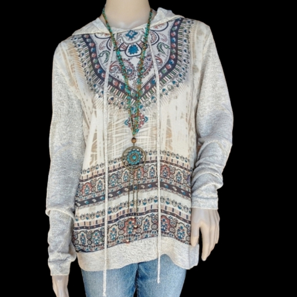 Blu Pepper Paisley Printed Hoodie Top With Long Sleeves Size M
